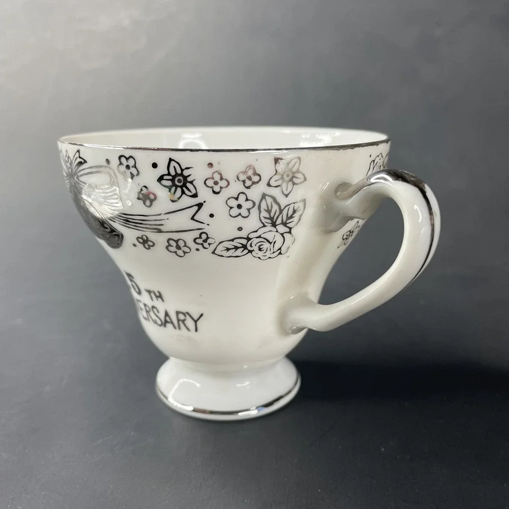 Vtg Arnart Creation Tea Cup & Saucer Japan‎ 25th Silver Anniversary White Bells
